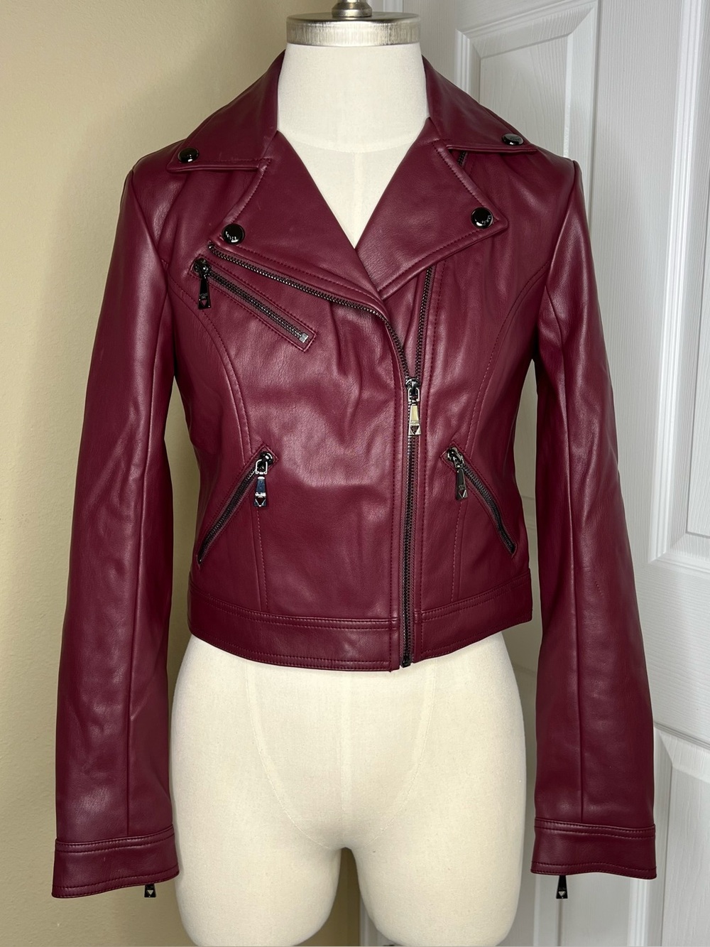 GUESS Burgundy Faux Leather Moto Jacket